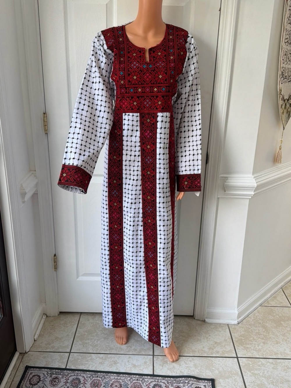 Hand-Embroidered Long Sleeve Maxi Dress in White and Red thoub